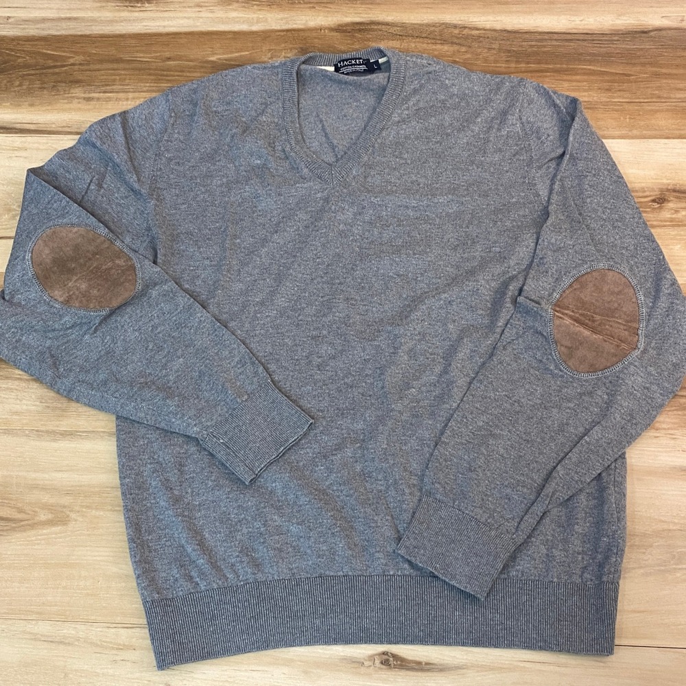Hackett London Sweater Men Large Grey Cotton Cashmere V-Neck Elbow Patches Italy